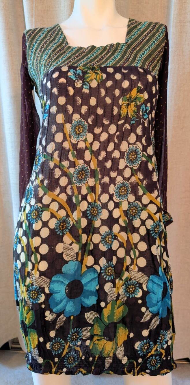 VTG AARI India Midi Dress Brown Green Polka Dot Stripe Smocked Elastic Hem